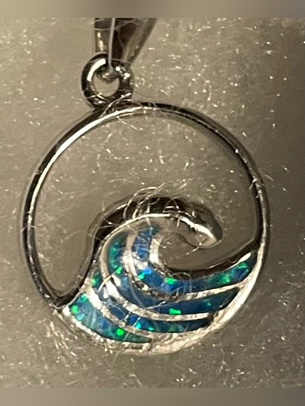 Sterling Silver Wave Pendant Necklace with Blue-Green Opal Inlay